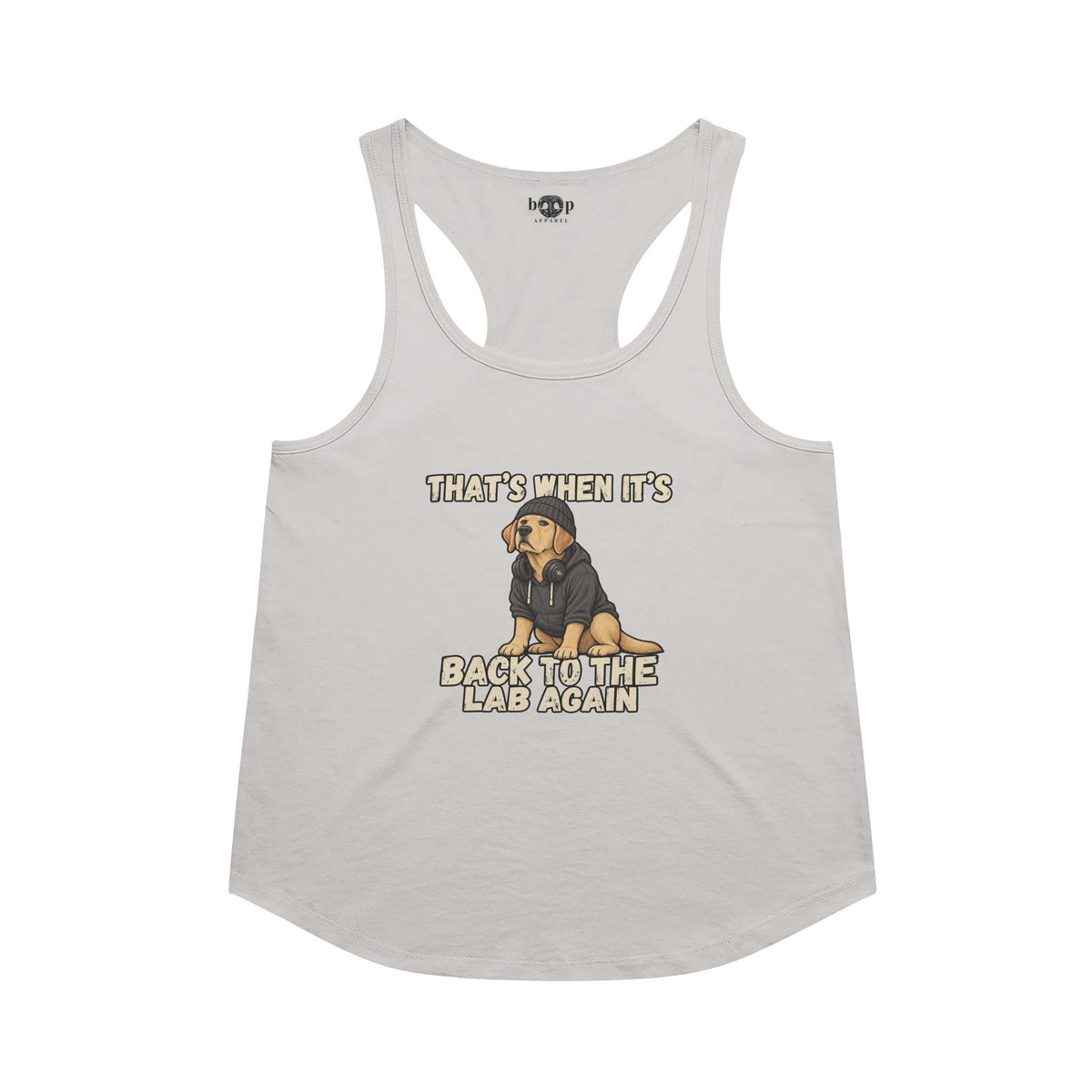 Back to the Lab Again Racerback Tank in Heather White