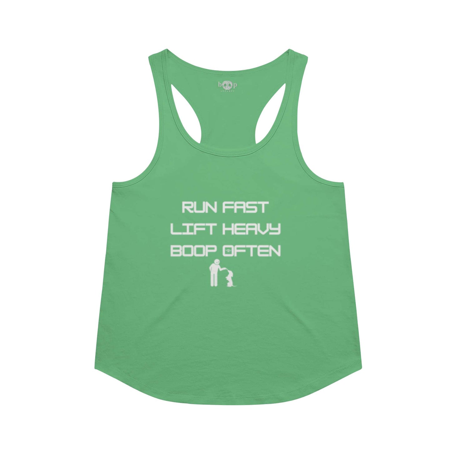 Funny dog owner t-shirt with sarcastic humor -Run Fast. Lift Heavy. Boop Often. - Racerback Tank