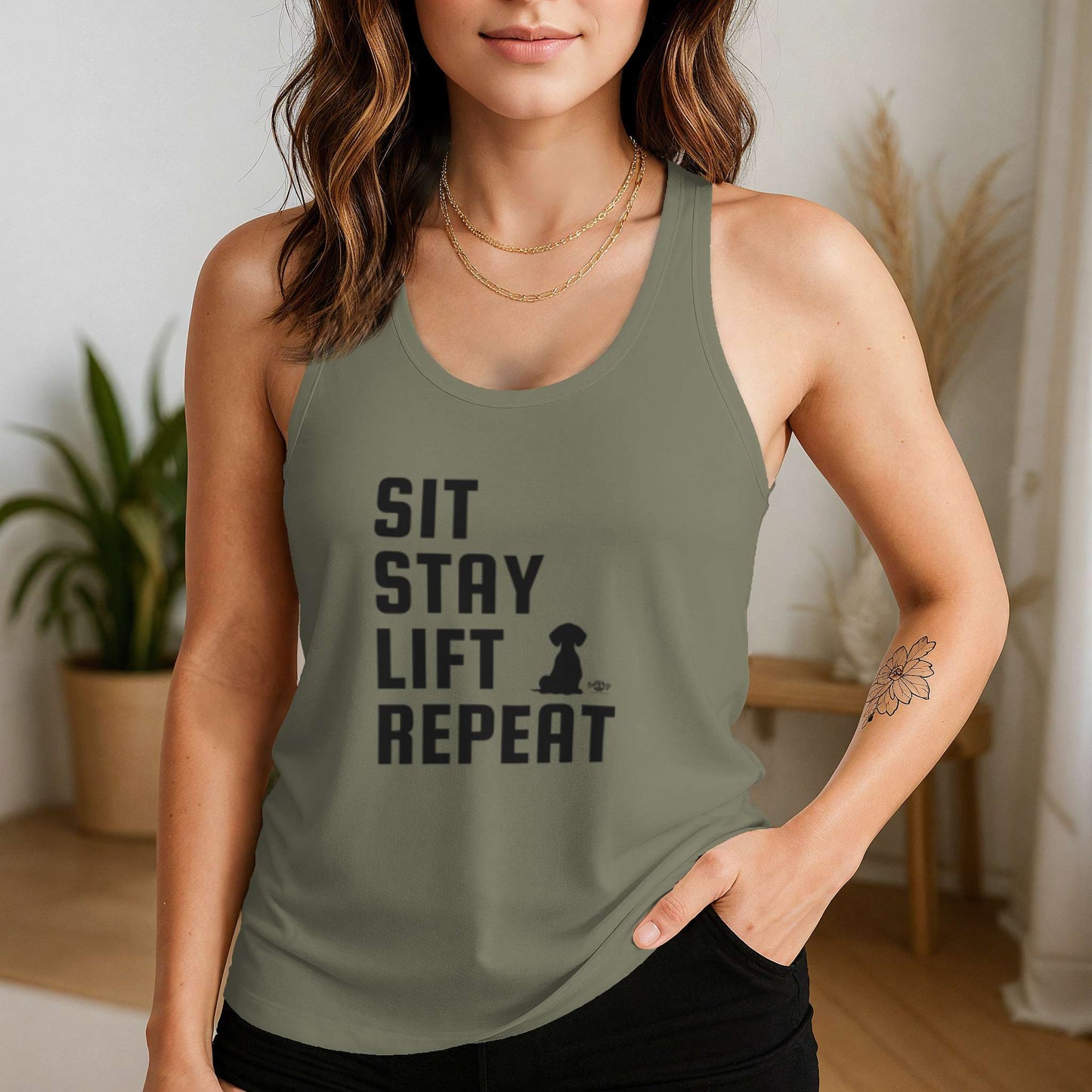 Funny dog owner t-shirt with sarcastic humor -Sit, Stay, Lift, Repeat - Racerback Tank