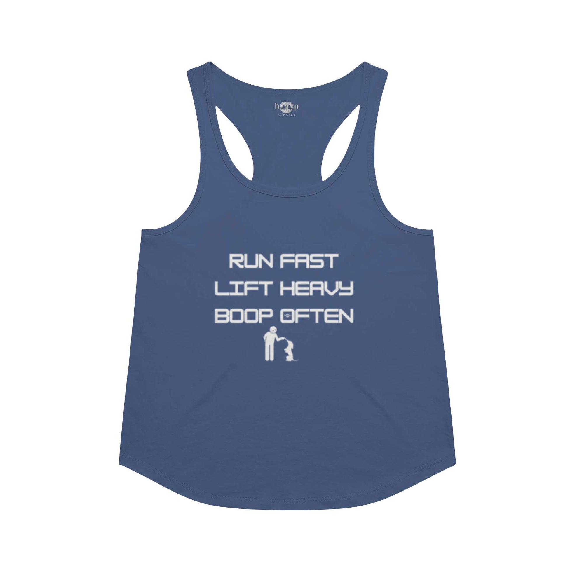 Funny dog owner t-shirt with sarcastic humor -Run Fast. Lift Heavy. Boop Often. - Racerback Tank