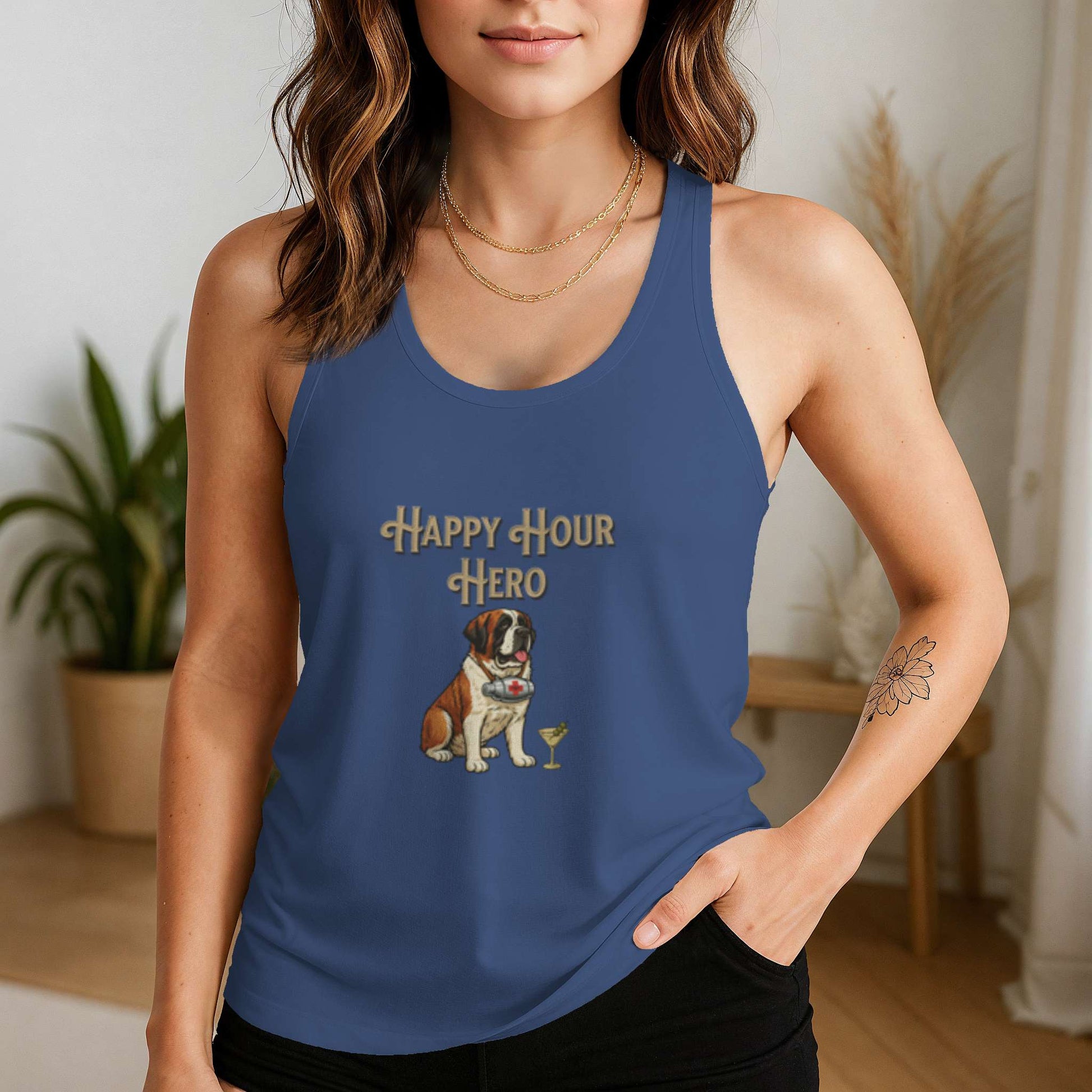 Funny dog owner t-shirt with sarcastic humor -Happy Hour Hero - Racerback Tank