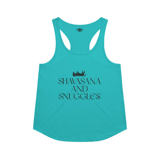 Funny dog owner t-shirt with sarcastic humor -Shavasana and Snuggles  - Racerback Tank