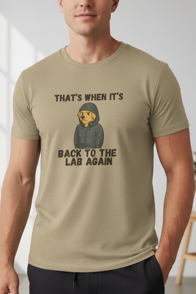 Athletic male model wearing a heather tan crew neck t-shirt featuring the Back to the Lab Again graphic design — part of the Boop Apparel Everyday T collection.