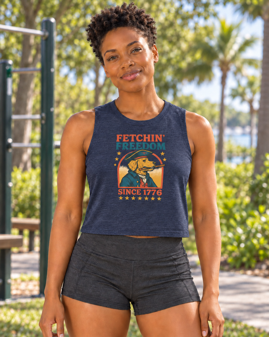 Fetchin’ Freedom crop tank — Brandy front in Heather Navy
