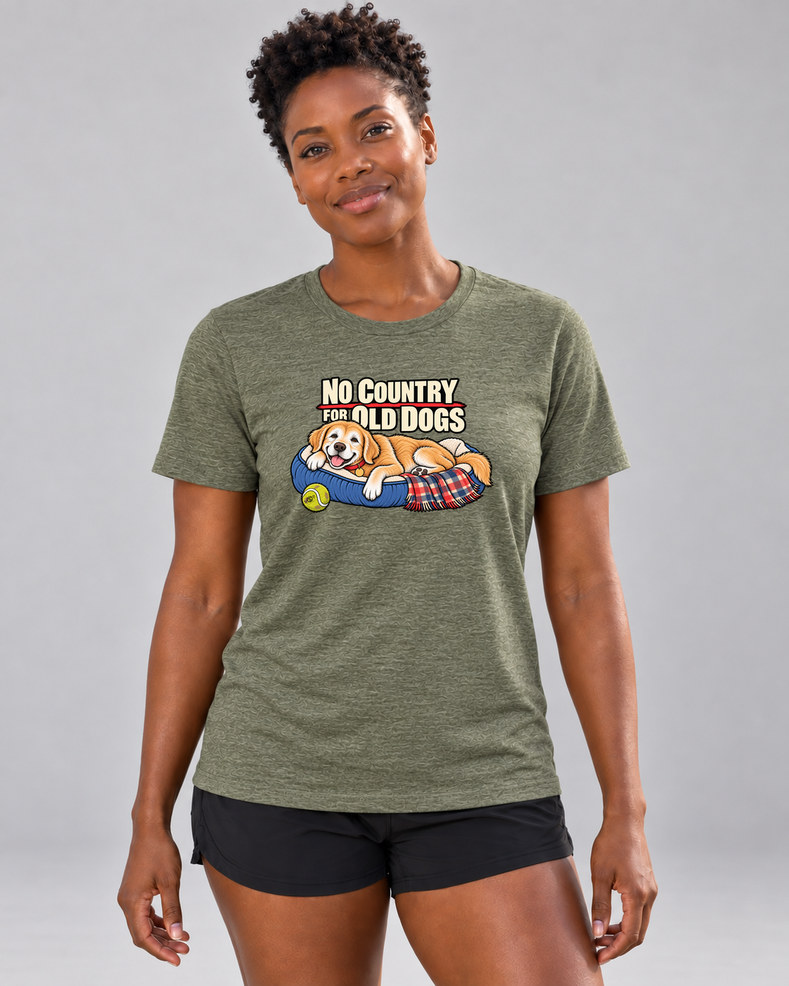 Brandy wearing No Country for Old Dogs Everyday T in Heather Olive