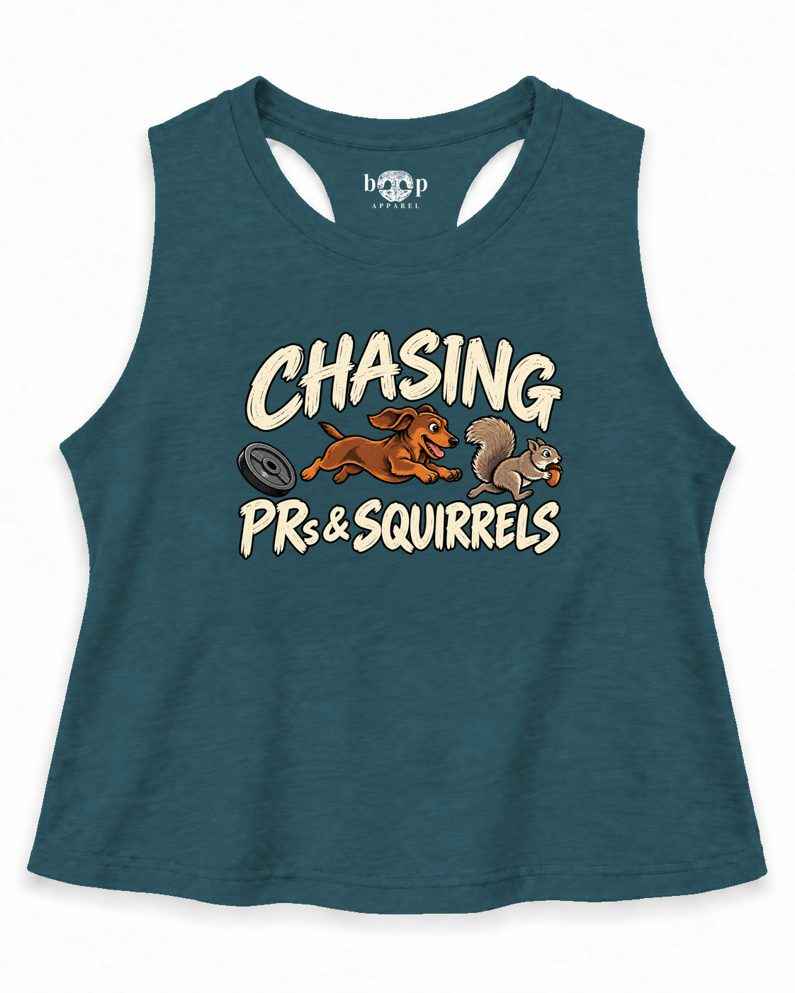 Chasing PRs and Squirrels Crop Tank — Heather Deep Teal