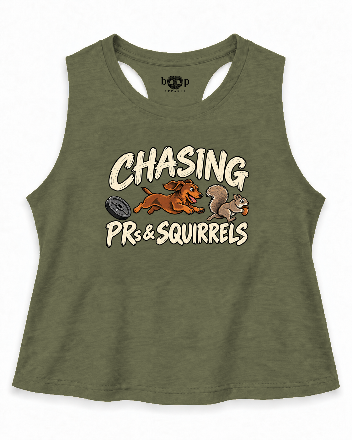 Chasing PRs and Squirrels Crop Tank — Heather Olive