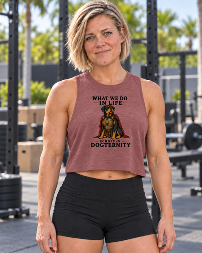 Cindy wearing Echoes in Dogternity Bella+Canvas 6682 crop tank in Heather Mauve, front view