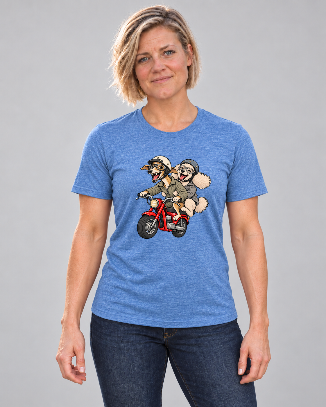 Cindy wearing Dog and Dogger Everyday T in Heather Columbia Blue