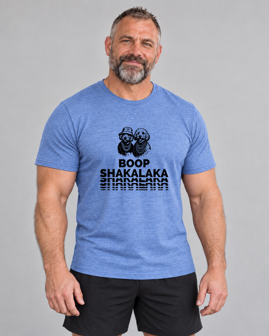 Ed wearing Boop Shakalaka Everyday T in Heather Columbia Blue