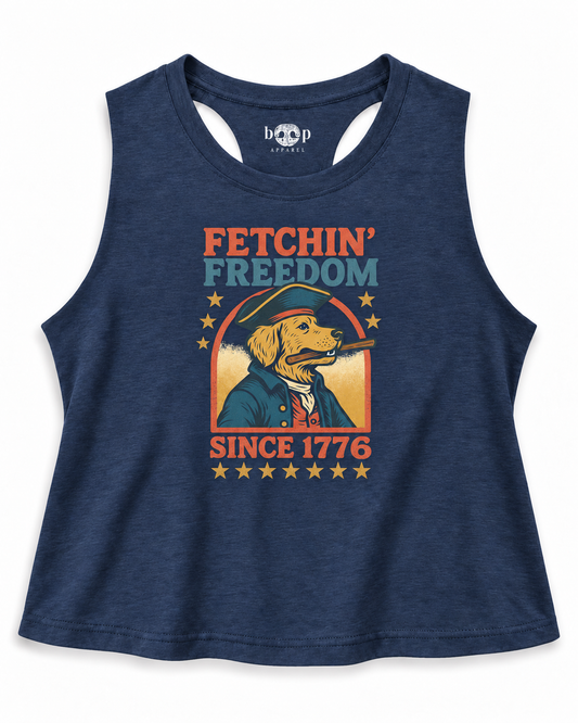 Fetchin’ Freedom crop tank — heather navy flat