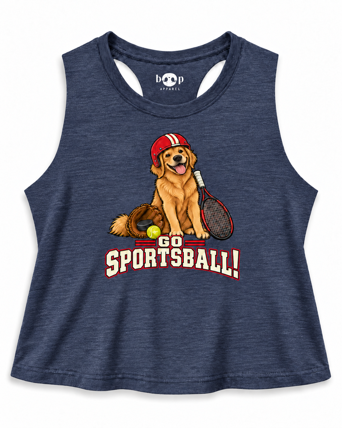 Go Sportsball crop tank — heather navy flat
