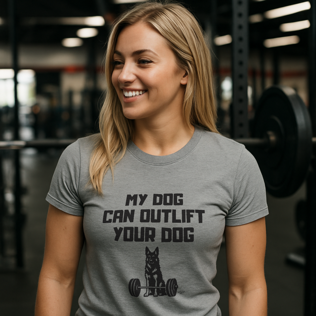 A blonde woman at a crossfit gym wearing a shirt featuring a German Shepherd