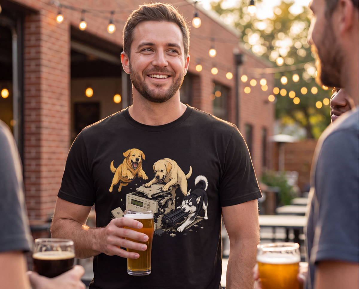 A man at an outdoor bar or patio wearing a black graphic t-shirt with a print of two golden retrievers and a beer glass. He is holding a glass of beer and smiling, with other people partially visible on both sides.