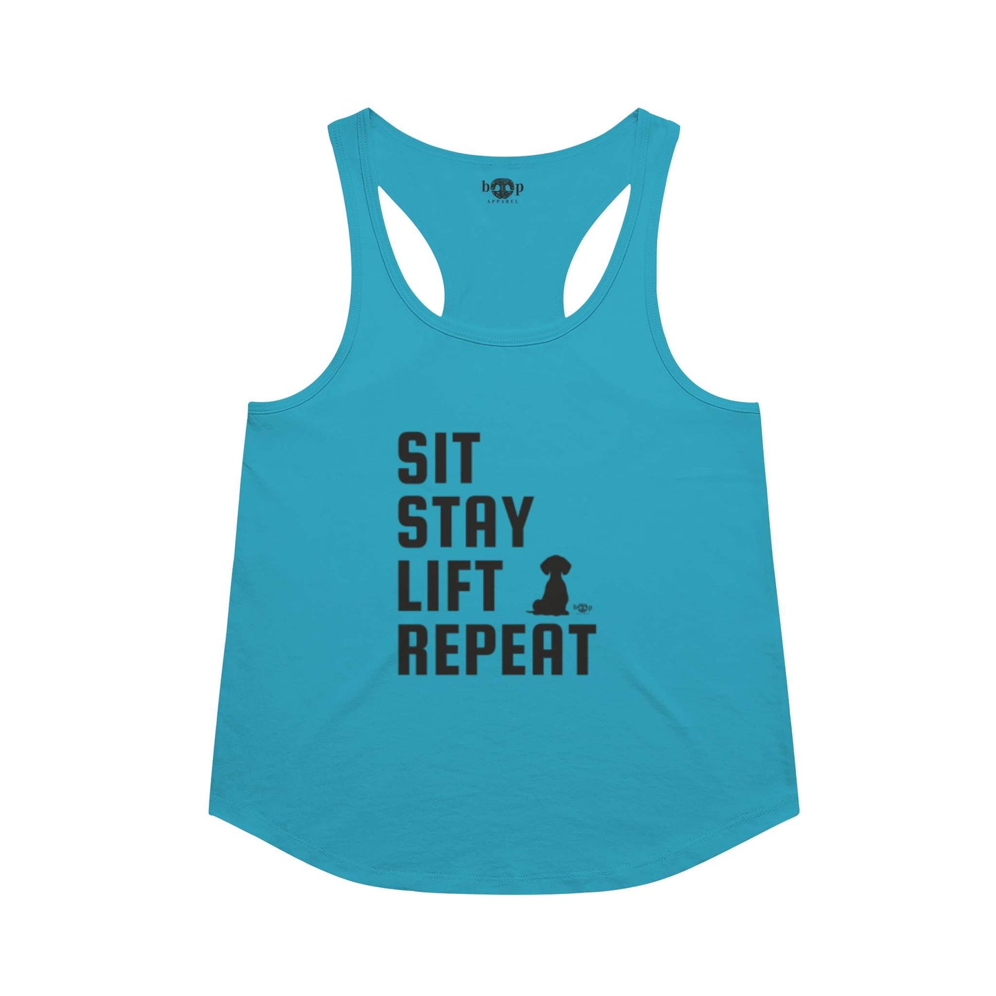 Funny dog owner t-shirt with sarcastic humor -Sit, Stay, Lift, Repeat - Racerback Tank