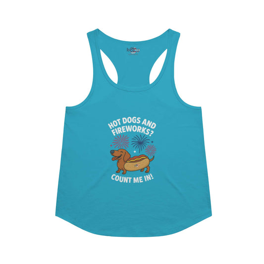 Funny dog owner t-shirt with sarcastic humor -Hot Dogs and Fireworks - Racerback Tank