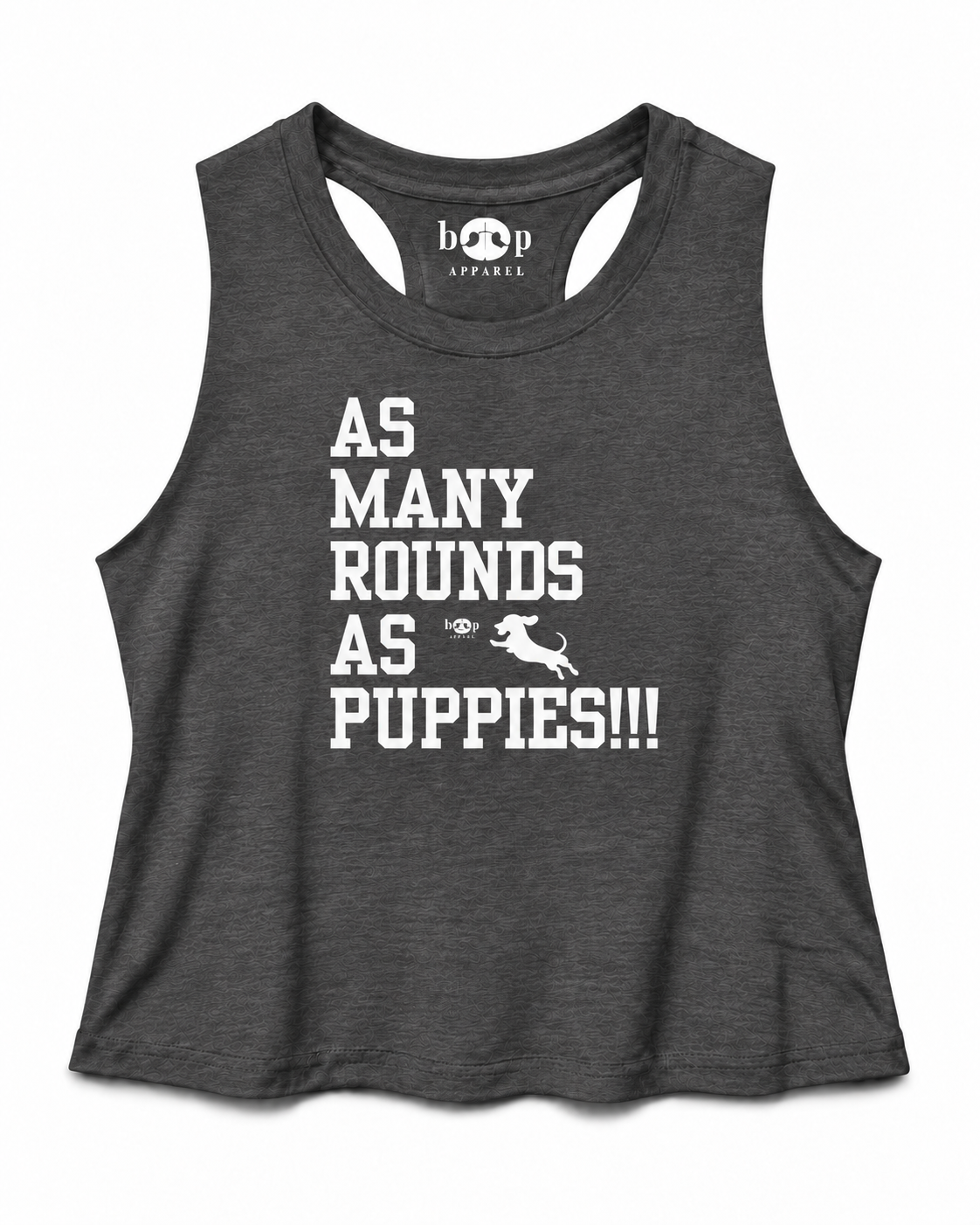 AMRAPuppies crop tank — dark grey heather