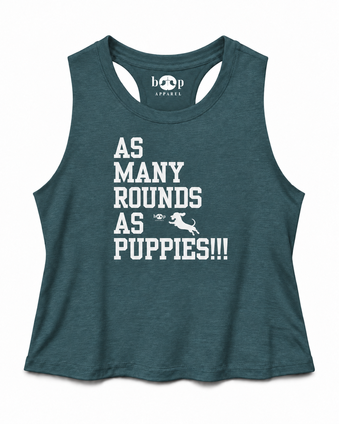 AMRAPuppies crop tank — heather deep teal