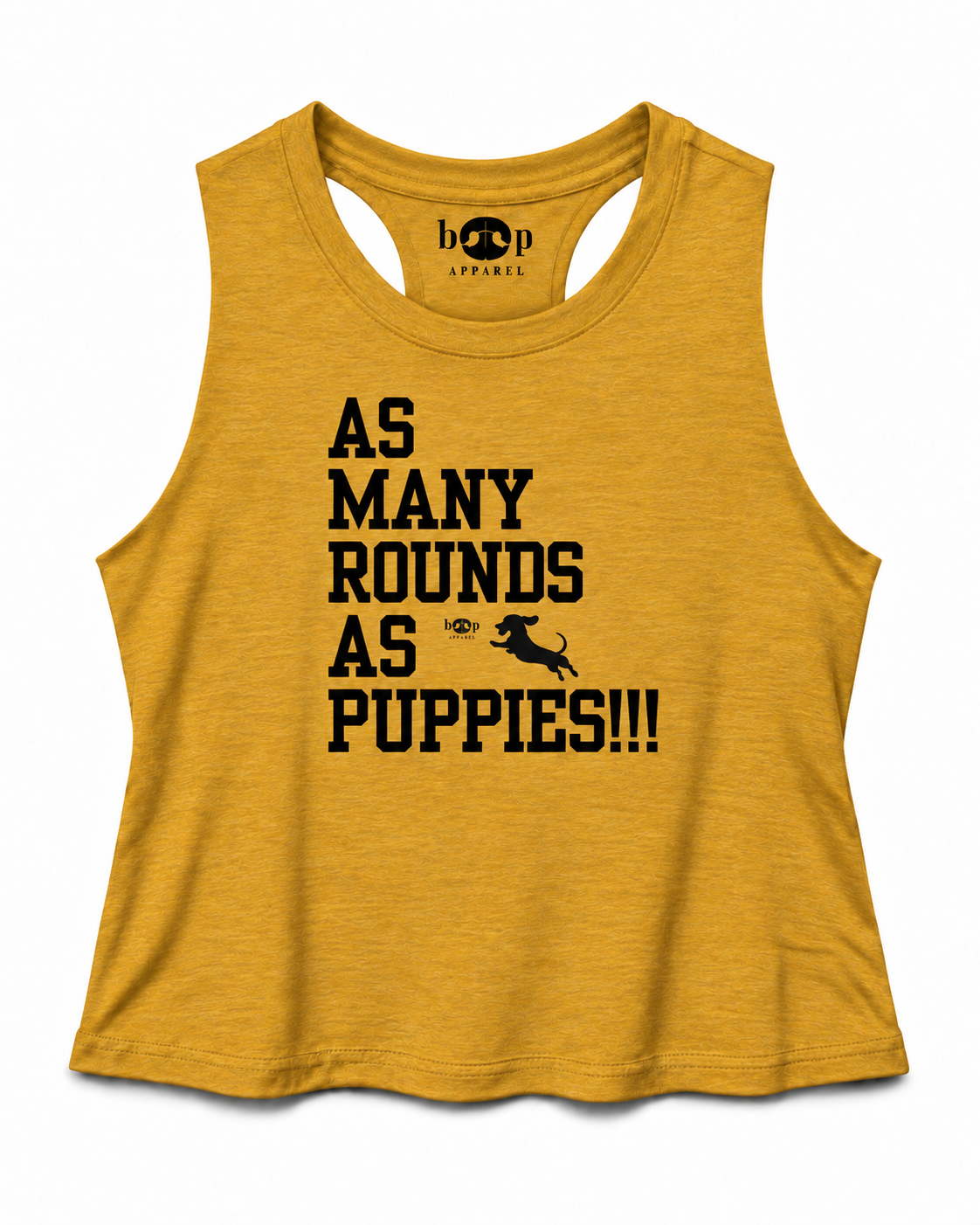 AMRAPuppies crop tank — heather mustard