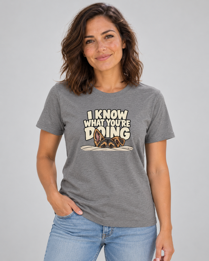 Amy wearing I Know What You're Doing Everyday T in Deep Heather