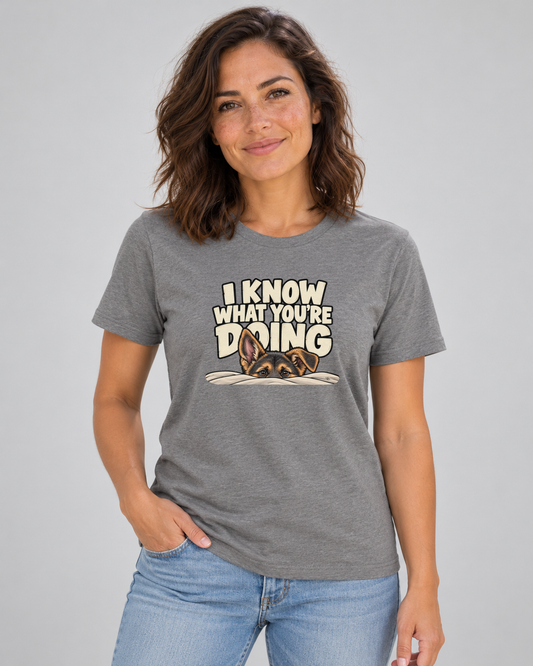 Amy wearing I Know What You're Doing Everyday T in Deep Heather