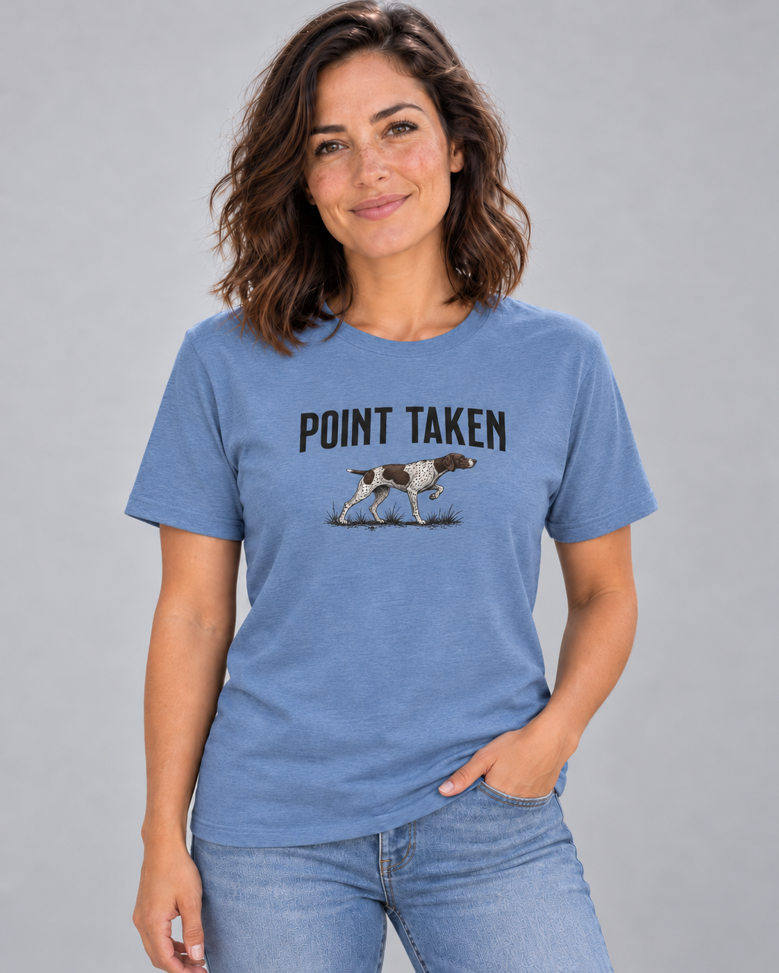 Amy wearing Point Taken Everyday T in Heather Columbia Blue