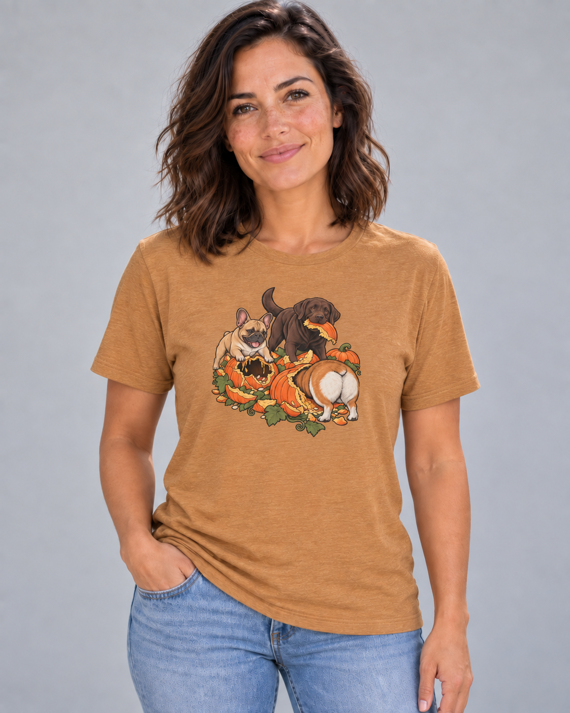 Amy wearing Pumpkin Patch Menaces Everyday T in Heather Autumn