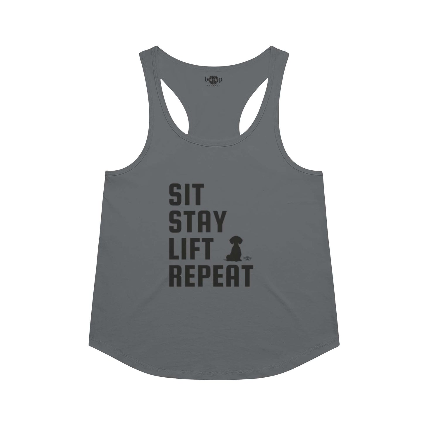 Funny dog owner t-shirt with sarcastic humor -Sit, Stay, Lift, Repeat - Racerback Tank