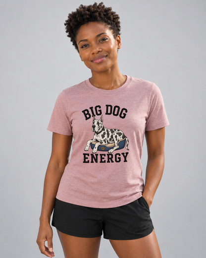 Brandy wearing the Boop Apparel Big Dog Energy Everyday T in Heather Orchid, studio front view