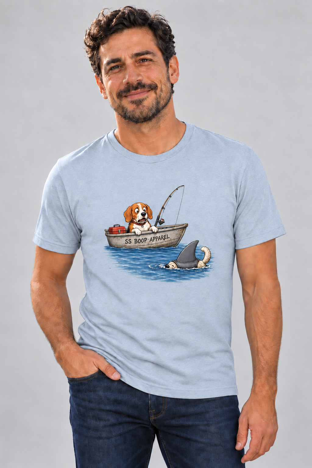 Dave wearing Bigger Boat Everyday T in Heather Blue