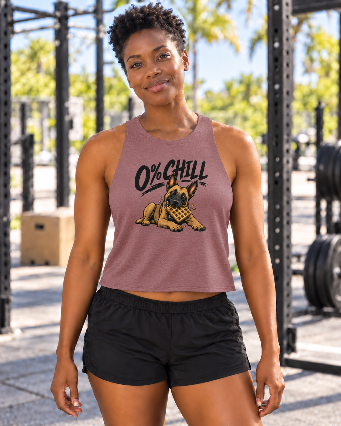 Brandy wearing the 0% Chill Heather Mauve Bella+Canvas 6682 crop tank, front view