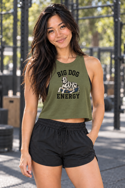 Grace wearing Boop Apparel Big Dog Energy Bella+Canvas 6682 crop tank in Heather Olive, front view at an outdoor gym.