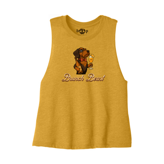 Brunch Beast crop tank flatlay in Heather Mustard, front view