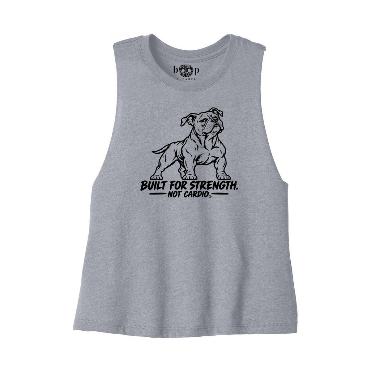 Built for Strength, Not Cardio crop tank flatlay in Athletic Heather, front view
