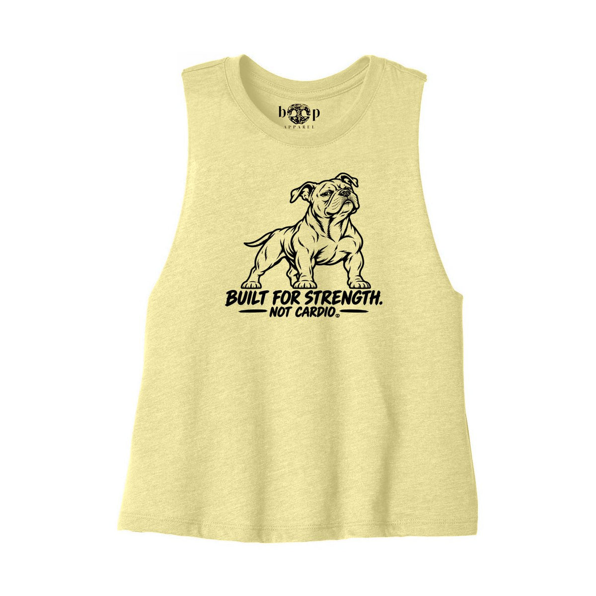 Built for Strength, Not Cardio crop tank flatlay in Heather French Vanilla, front view