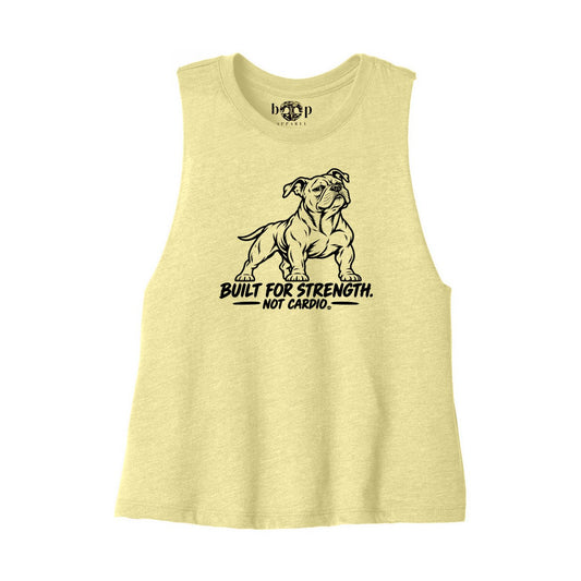 Built for Strength, Not Cardio crop tank flatlay in Heather French Vanilla, front view