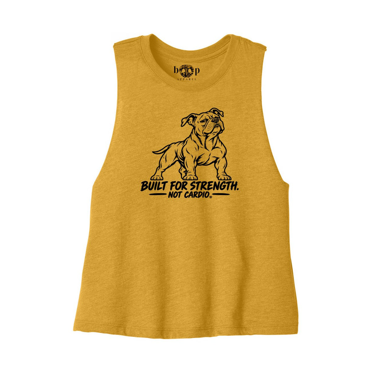 Built for Strength, Not Cardio crop tank flatlay in Heather Mustard, front view