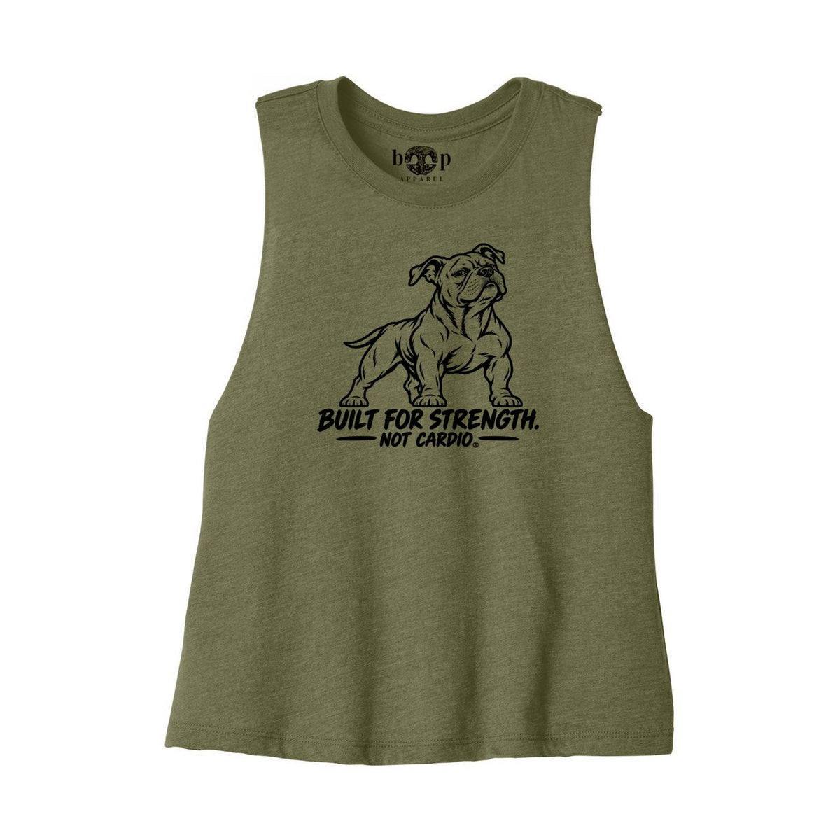 Built for Strength, Not Cardio crop tank flatlay in Heather Olive, front view