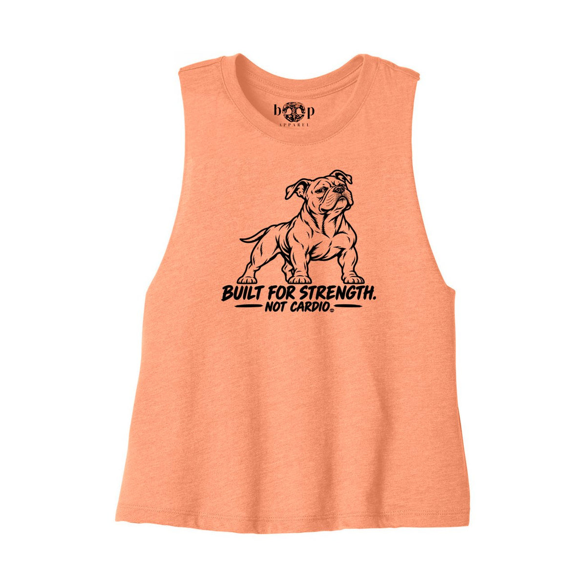 Built for Strength, Not Cardio crop tank flatlay in Heather Sunset, front view