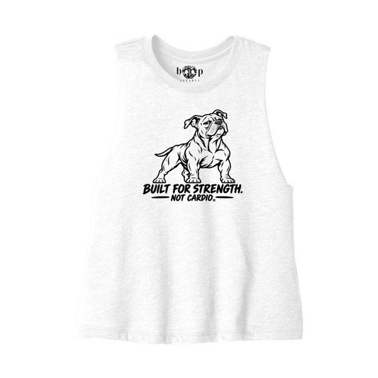 Built for Strength, Not Cardio crop tank flatlay in Solid White Blend, front view