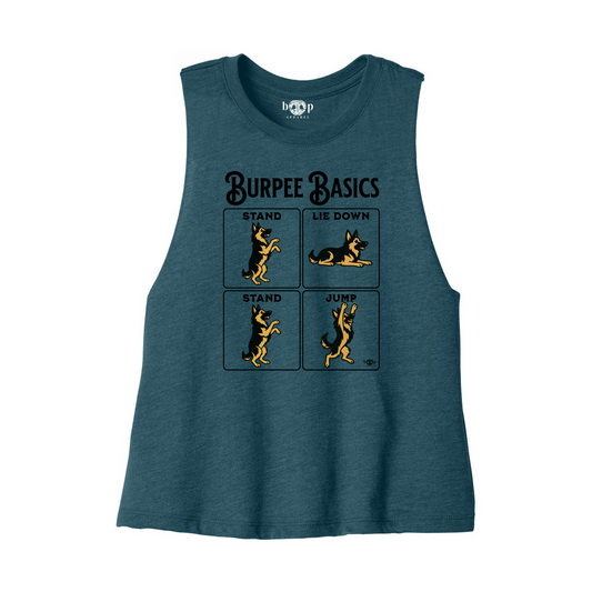 Burpee Basics crop tank flatlay in Heather Deep Teal, front view