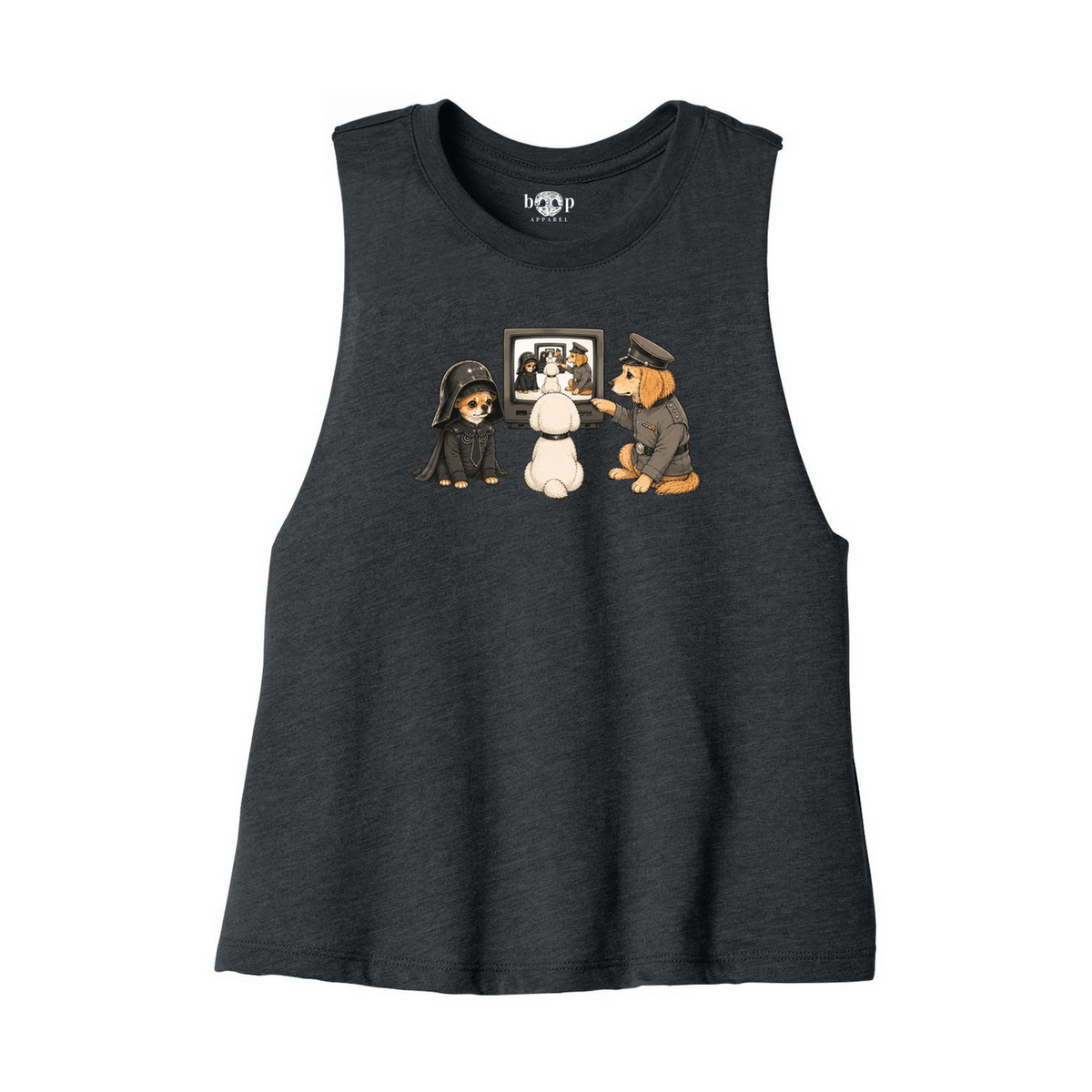 In the Now, Now Bella+Canvas 6682 crop tank flatlay in Dark Grey Heather — front