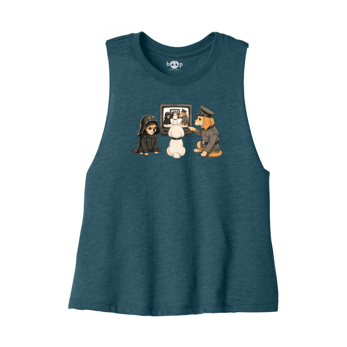 In the Now, Now Bella+Canvas 6682 crop tank flatlay in Heather Deep Teal — front