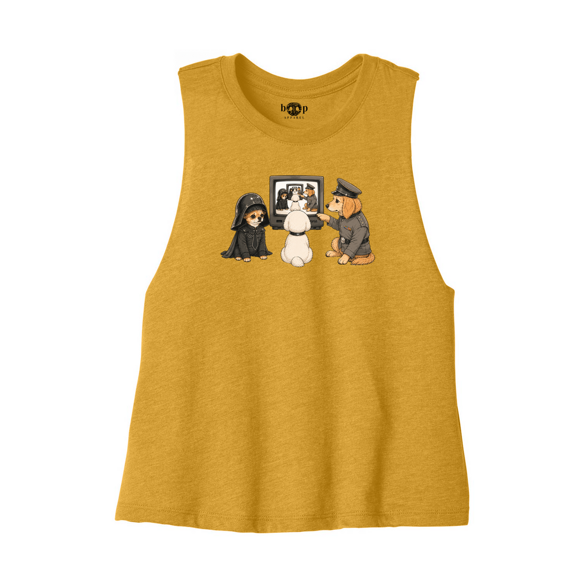 In the Now, Now Bella+Canvas 6682 crop tank flatlay in Heather Mustard — front