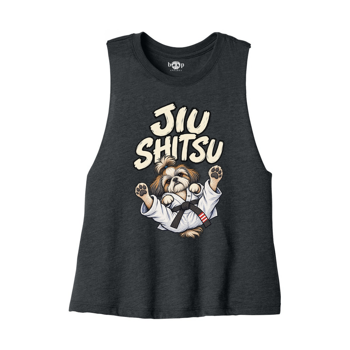 Jiu Shitsu Bella+Canvas 6682 crop tank flatlay in Dark Grey Heather — front