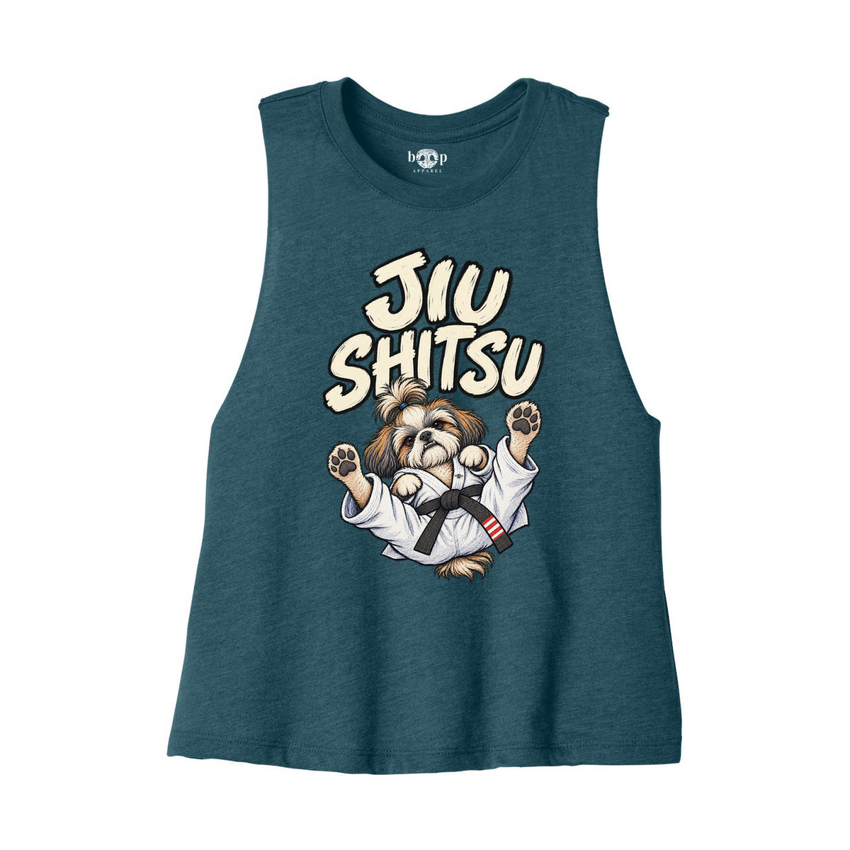 Jiu Shitsu Bella+Canvas 6682 crop tank flatlay in Heather Deep Teal — front