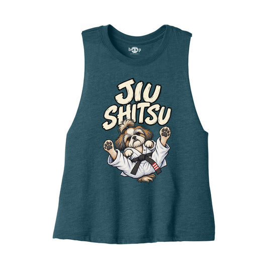 Jiu Shitsu Bella+Canvas 6682 crop tank flatlay in Heather Deep Teal — front