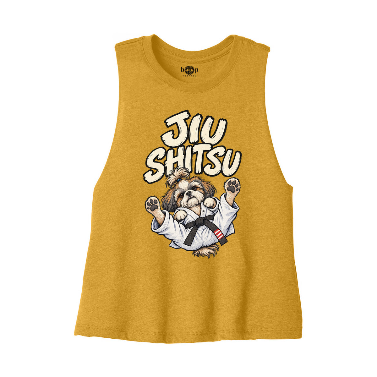 Jiu Shitsu Bella+Canvas 6682 crop tank flatlay in Heather Mustard — front