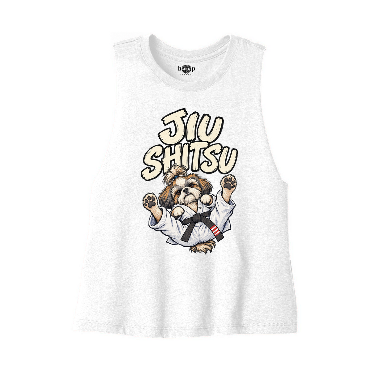 Jiu Shitsu Bella+Canvas 6682 crop tank flatlay in Solid White Blend — front