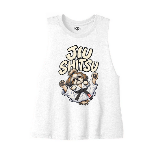 Jiu Shitsu Bella+Canvas 6682 crop tank flatlay in Solid White Blend — front